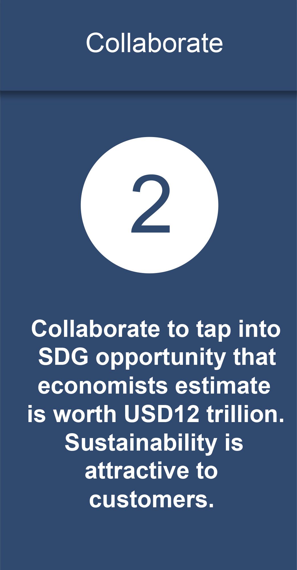 Collaborate to tap into SDG opportunity that economists estimate is worth USD12 trillion. Sustainability is attractive to customers.