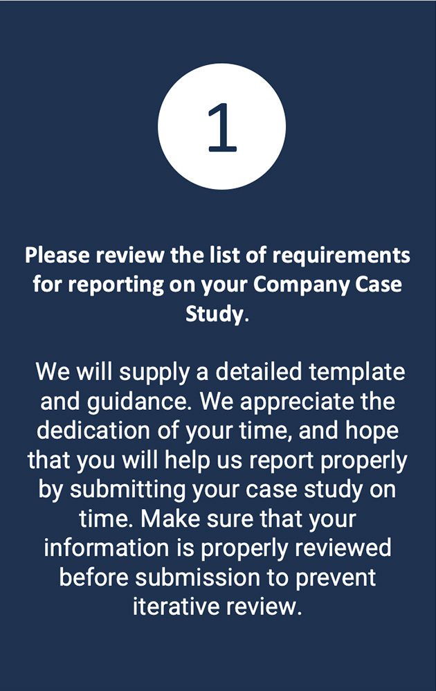 We will supply a detailed template and guidance. We appreciate the dedication of your time, and hope that you will help us report properly by submitting your case study on time. Make sure that your information is properly reviewed before submission to prevent iterative review.