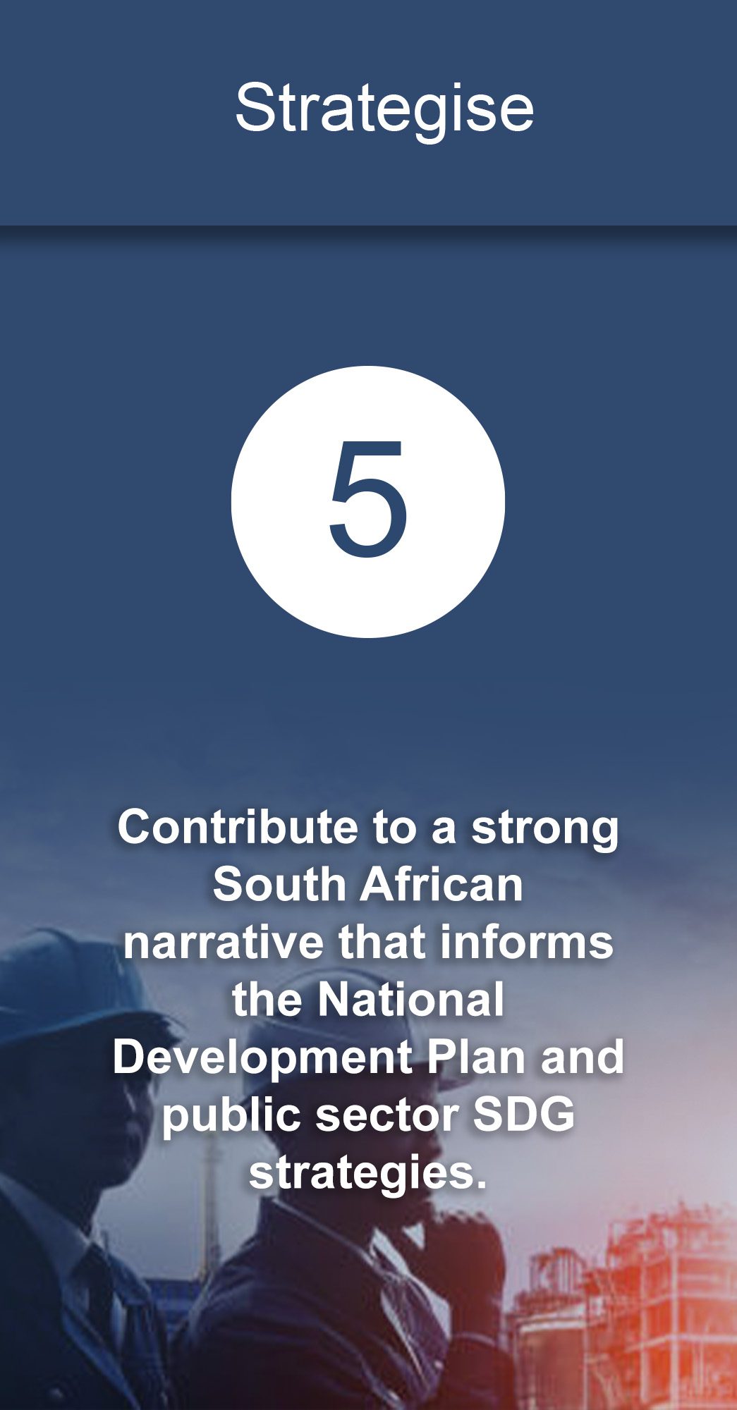 Contribute to a strong South African narrative that informs the National Development Plan and public sector SDG strategies.